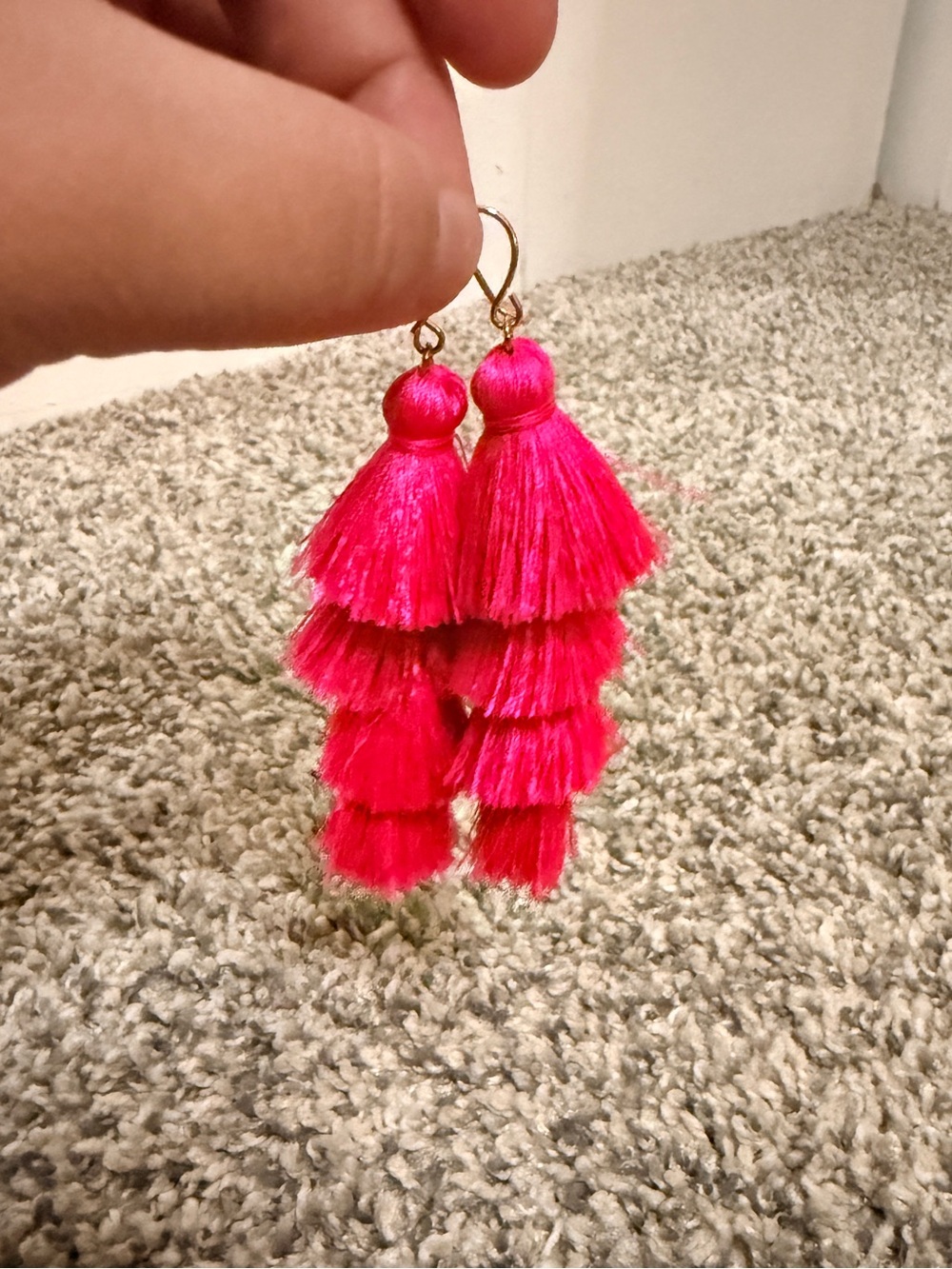 Vibrant Hot Pink Tiered Tassel Drop Earrings with Gold Hooks